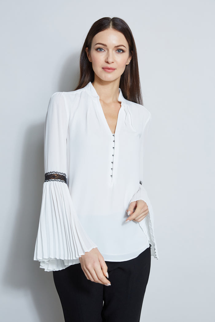 Elie Tahari T-Tahari Pleated Lace Sleeve Shirt WHITE STAR/BLACK