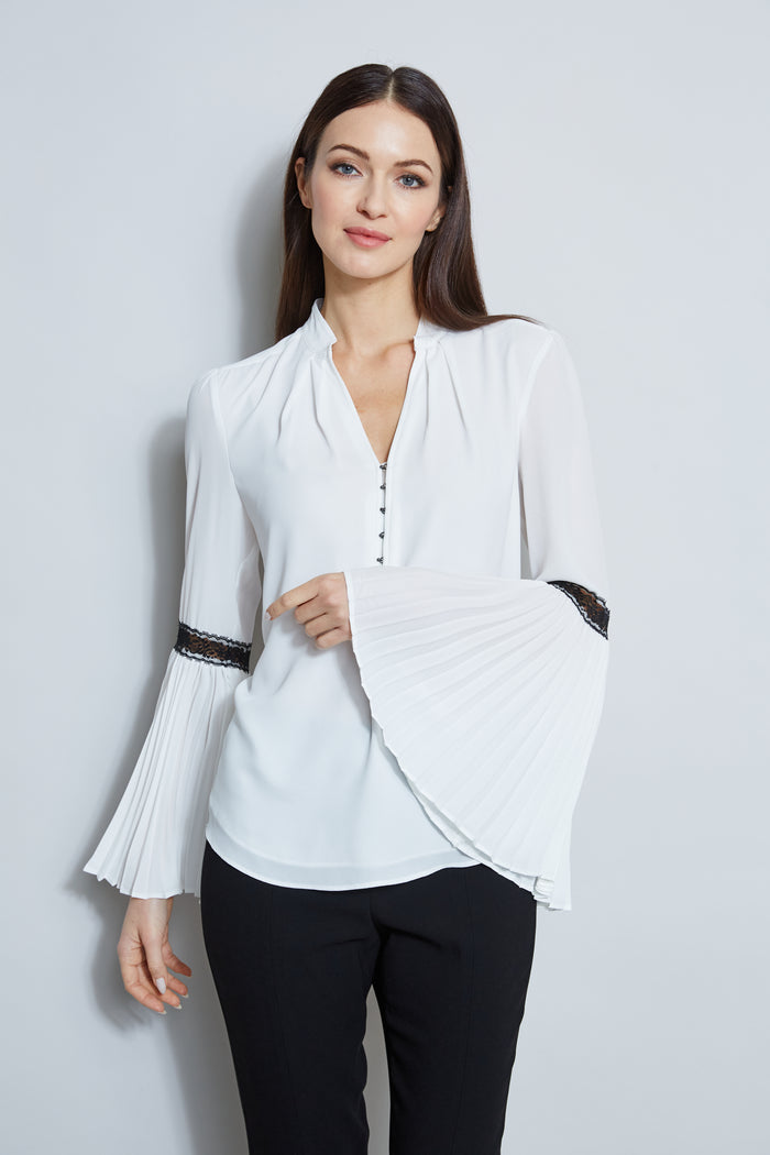 elie tahari T-Tahari Pleated Lace Sleeve Shirt WHITE STAR/BLACK