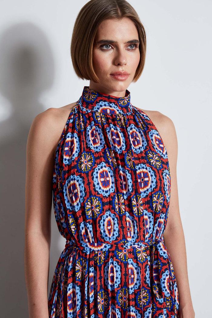 Elie Tahari T-Tahari Pleated Print Halter Midi Dress GUAVA TILE PRINT