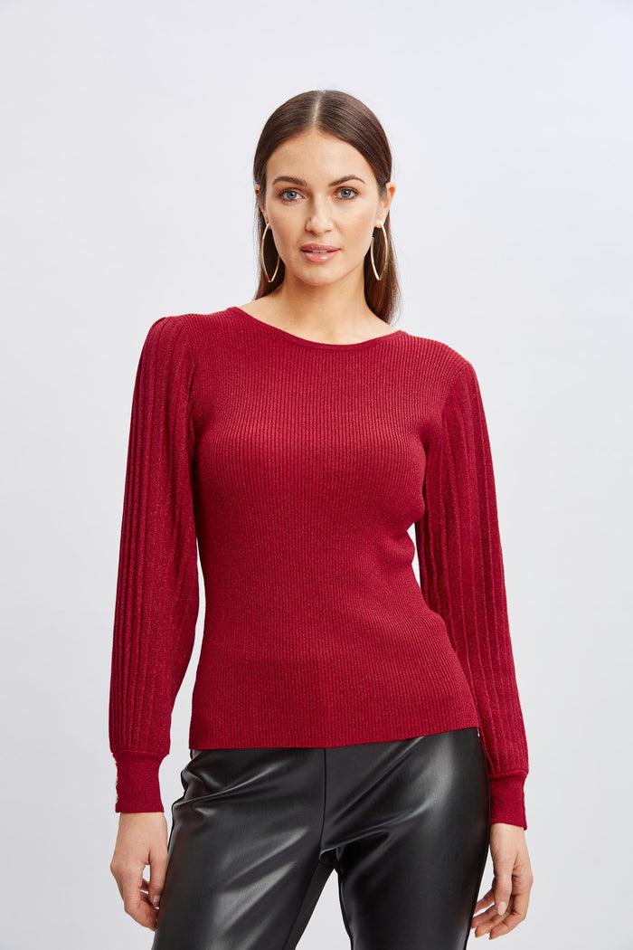 Elie Tahari T-Tahari Pleated Sleeve Metallic Sweater BAKED CHERRY/BAKED CHERRY LURX
