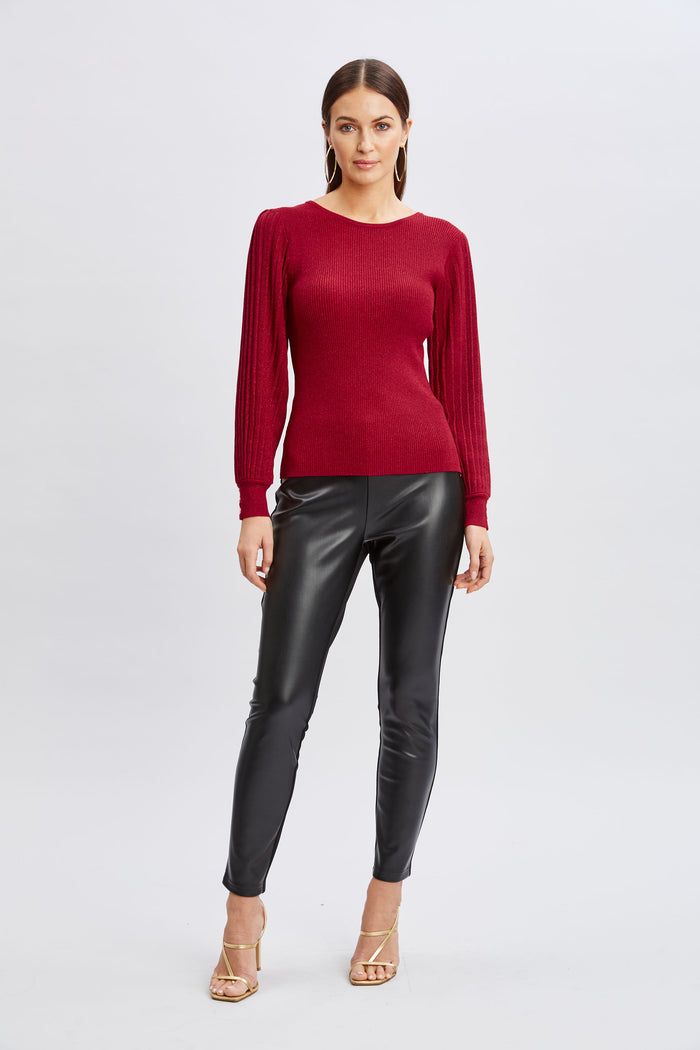 Elie Tahari T-Tahari Pleated Sleeve Metallic Sweater BAKED CHERRY/BAKED CHERRY LURX