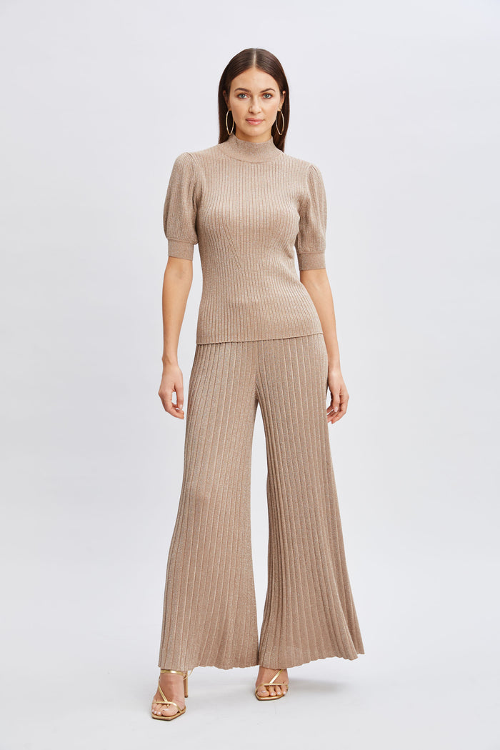 Elie Tahari T-Tahari Puff Sleeve Metallic Sweater SATIN SHIMMER LUREX