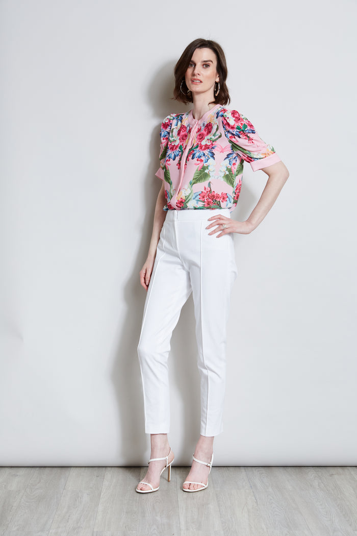Elie Tahari T-Tahari Rose Print Puff Shoulder Shirt POWDER PINK