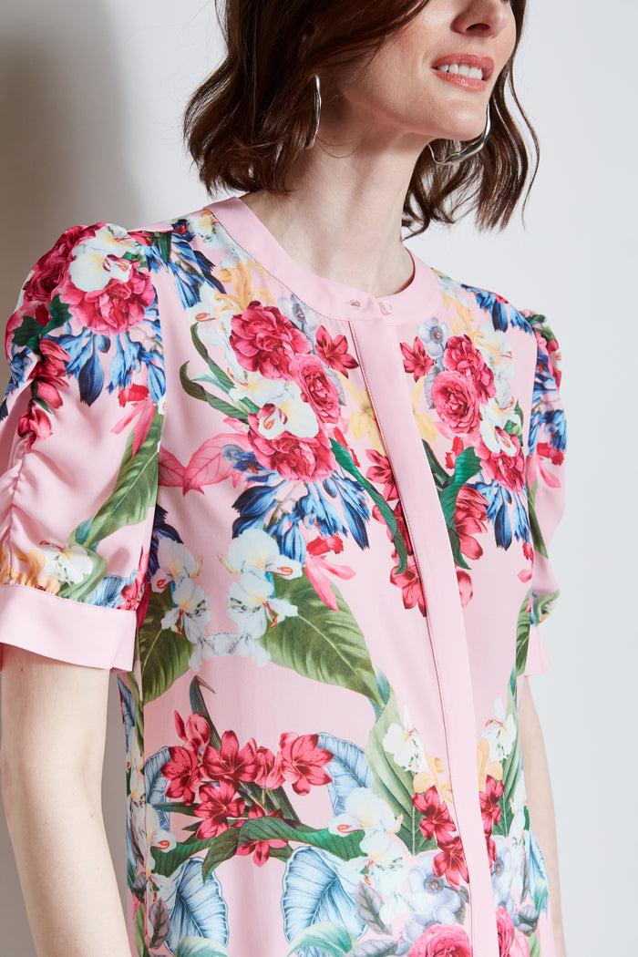 Elie Tahari T-Tahari Rose Print Puff Shoulder Shirt POWDER PINK