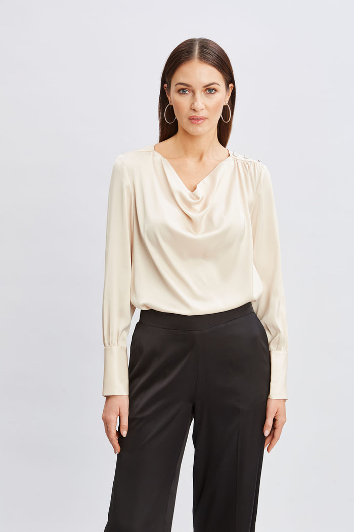 Elie Tahari T-Tahari Satin Cowl Jewel Top CHAMPAGNE