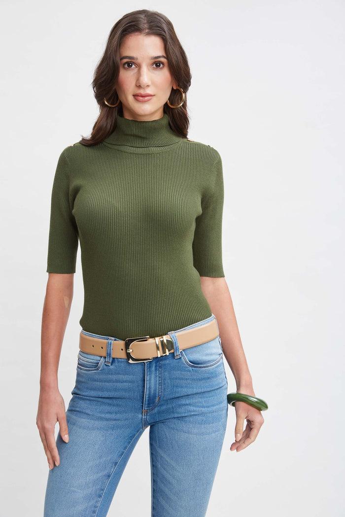 Elie Tahari T-Tahari Short Sleeve Button Sweater AUTUMN GREEN