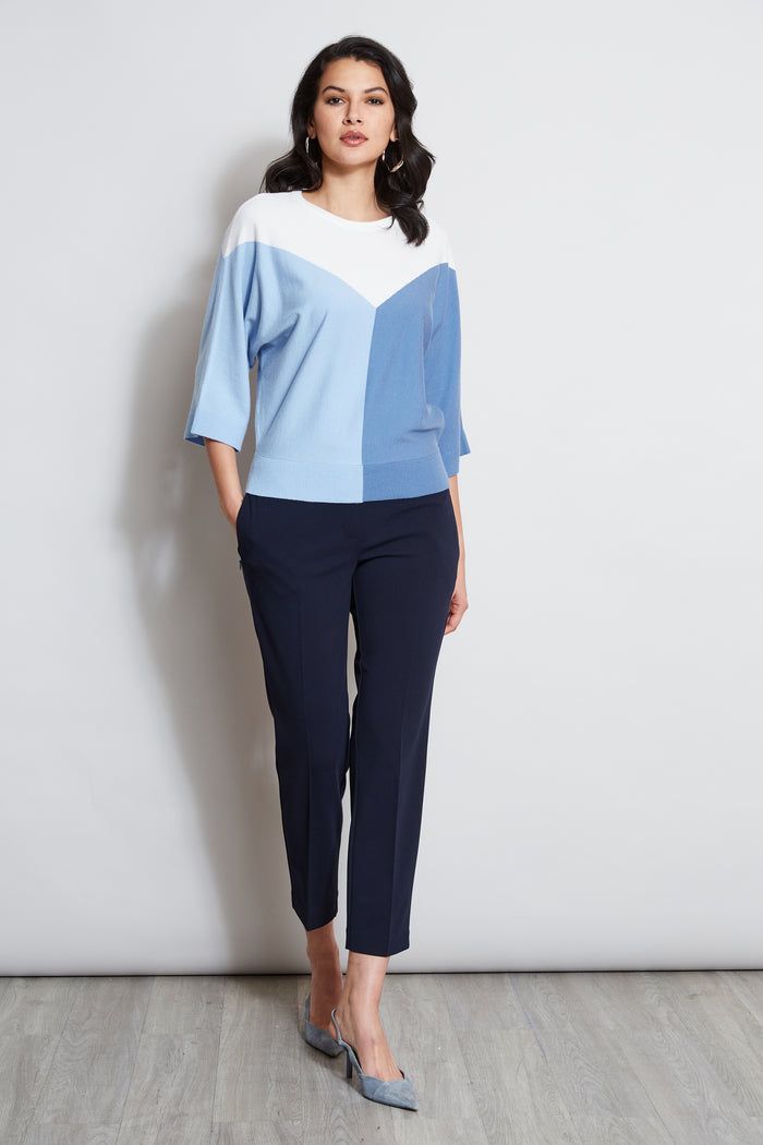 Elie Tahari T-Tahari Short Sleeve Color Blocked Sweater WTR GARDEN/CTG BLU/WHT STAR