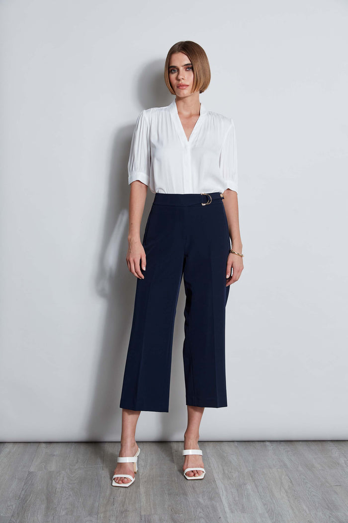 Elie Tahari T-Tahari Short Sleeve Pleated Neck Shirt IVORY