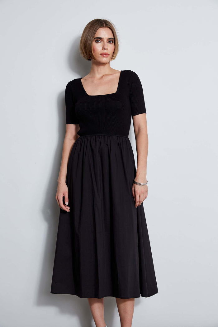 Elie Tahari T-Tahari Short Sleeve Square Neck Midi Dress BLACK