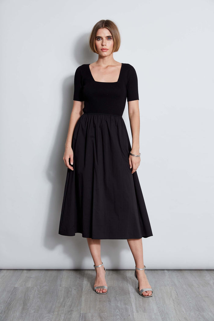 elie tahari T-Tahari Short Sleeve Square Neck Midi Dress BLACK
