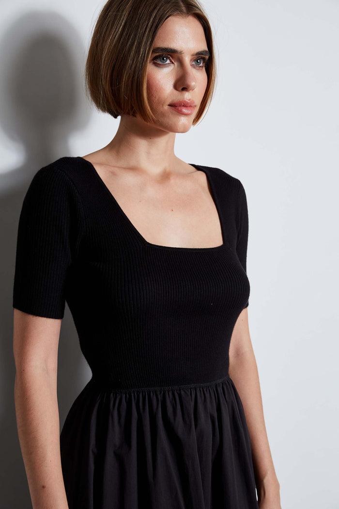Elie Tahari T-Tahari Short Sleeve Square Neck Midi Dress BLACK