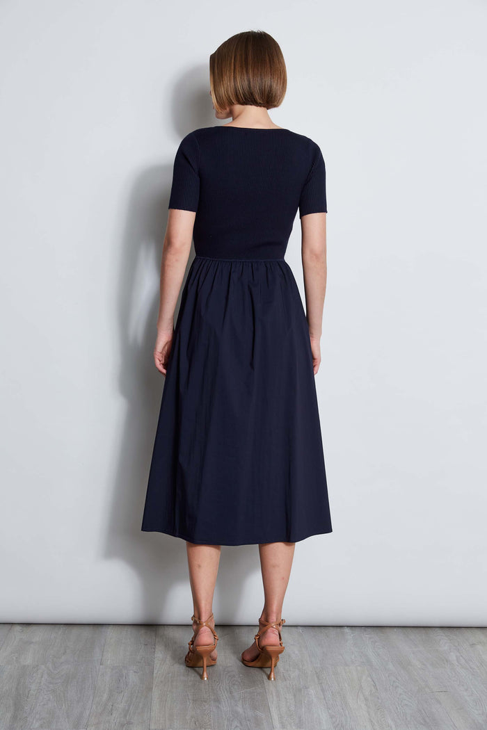 Elie Tahari T-Tahari Short Sleeve Square Neck Midi Dress NAVY