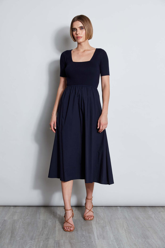 elie tahari T-Tahari Short Sleeve Square Neck Midi Dress NAVY