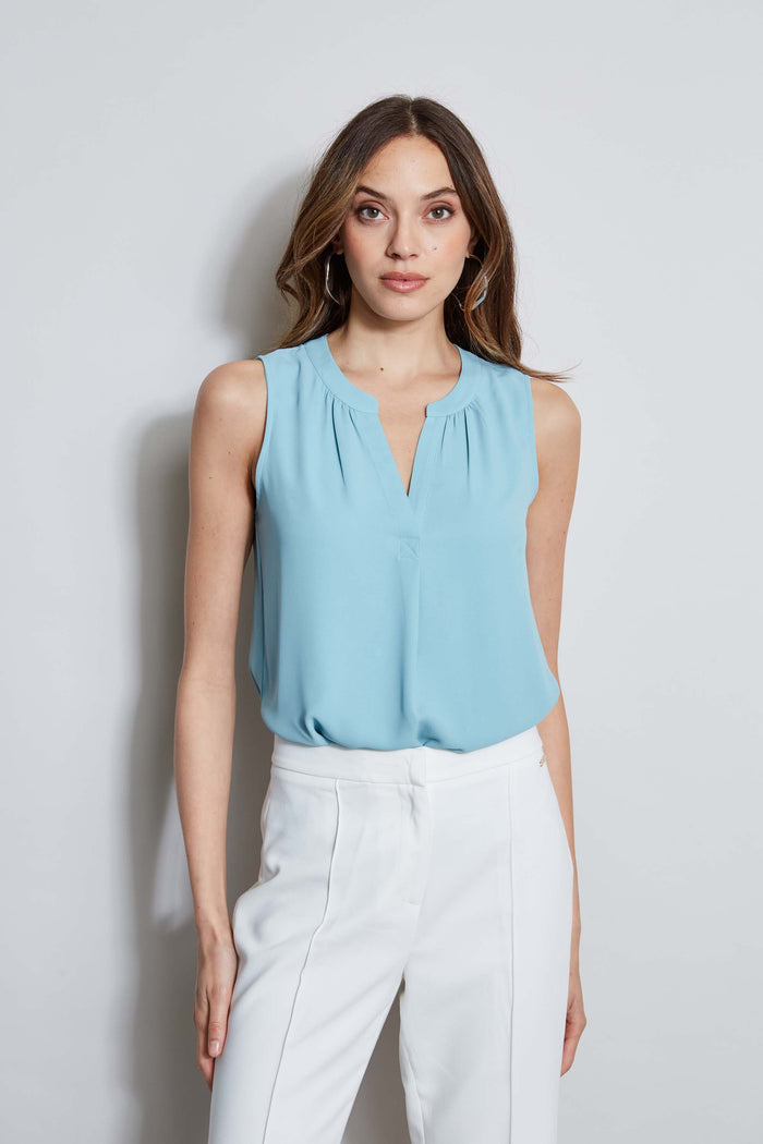 elie tahari T-Tahari Sleeveless Split Neck Top BLUE HAZE