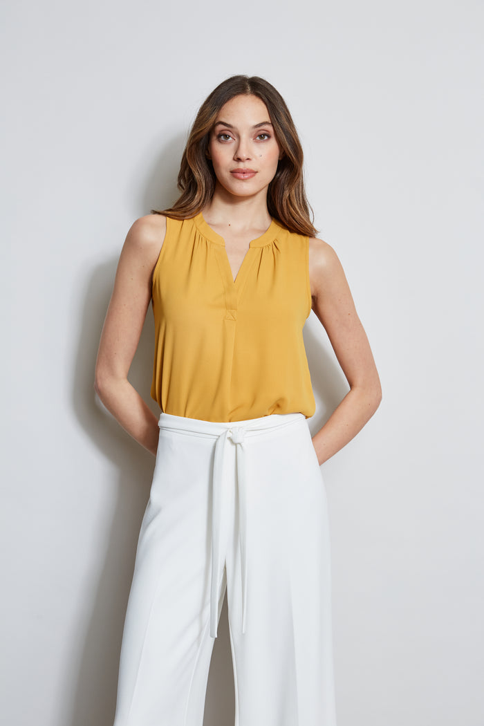 elie tahari T-Tahari Sleeveless Split Neck Top LIGHT SAFFRON