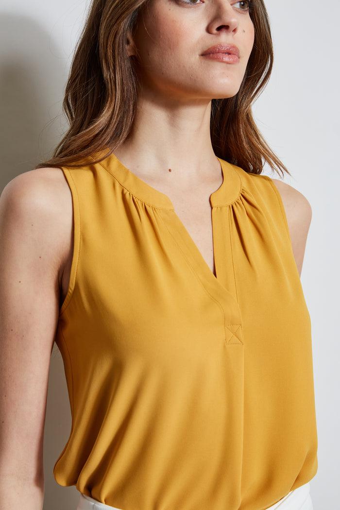 Elie Tahari T-Tahari Sleeveless Split Neck Top LIGHT SAFFRON