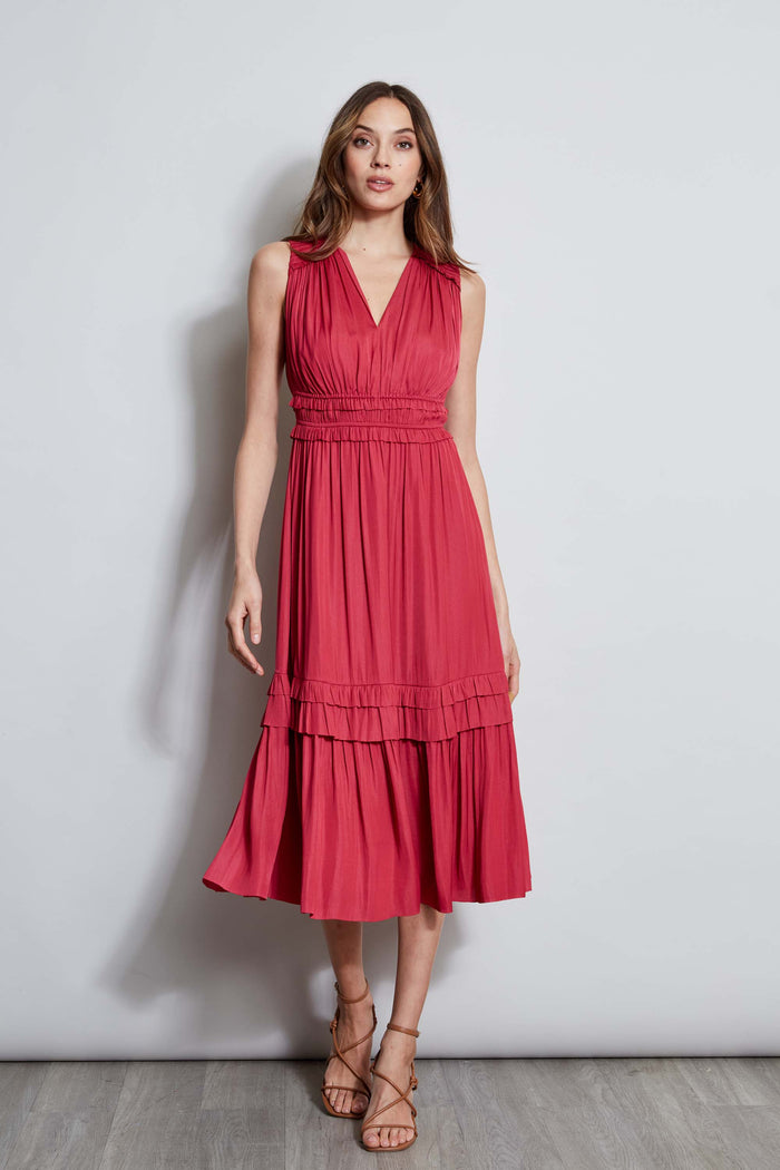 elie tahari T-Tahari Smocked Sleeveless Midi Dress CORSAGE