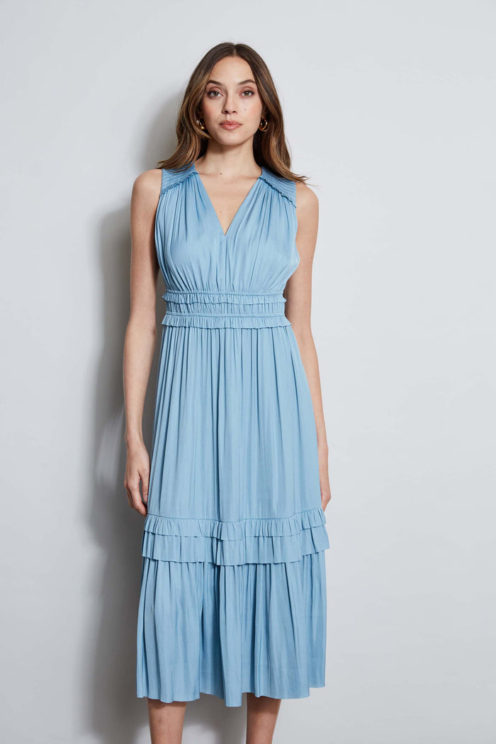 Elie Tahari T-Tahari Smocked Sleeveless Midi Dress SEA STAR