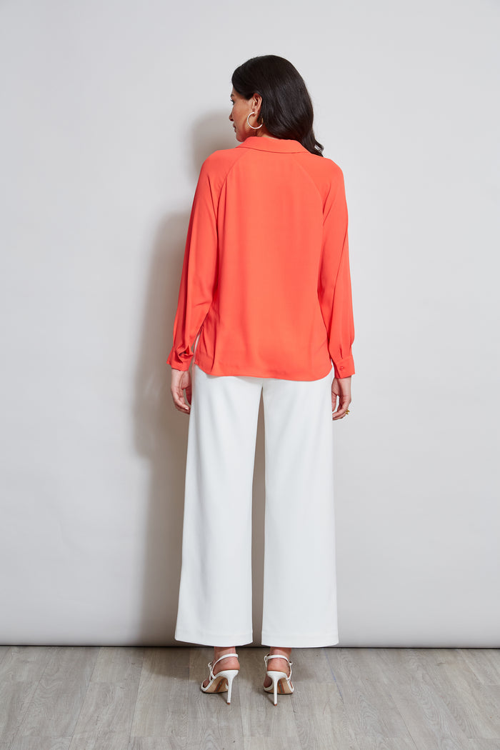 Elie Tahari T-Tahari Split Neck Long Sleeve Shirt DUTCH TULIP