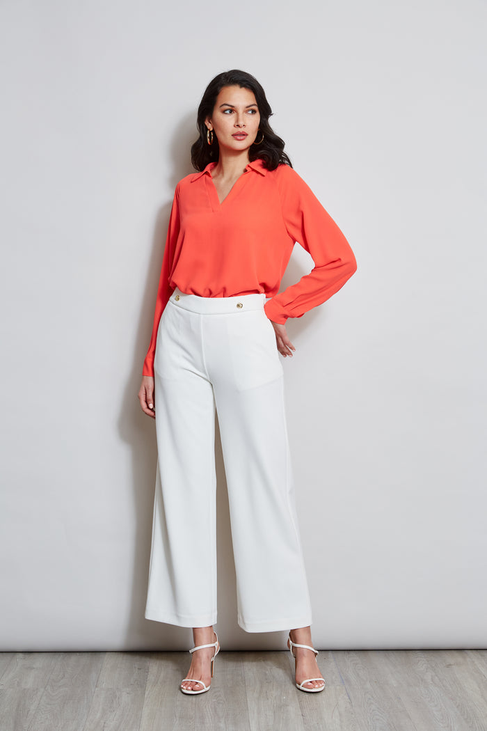 Elie Tahari T-Tahari Split Neck Long Sleeve Shirt DUTCH TULIP