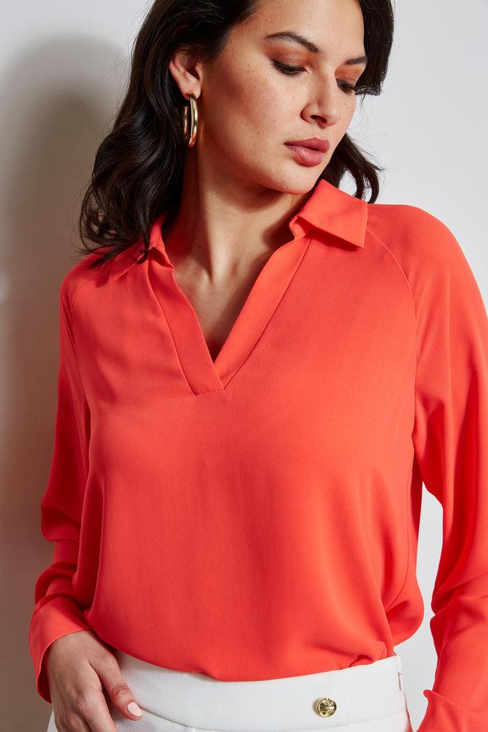 Elie Tahari T-Tahari Split Neck Long Sleeve Shirt DUTCH TULIP
