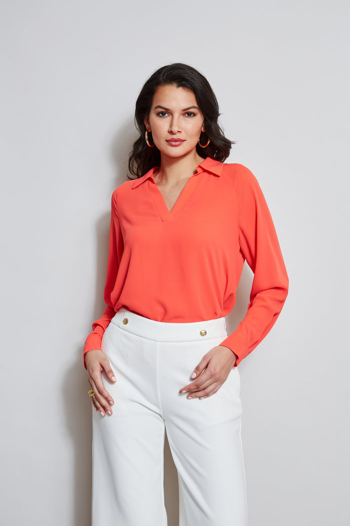 elie tahari T-Tahari Split Neck Long Sleeve Shirt DUTCH TULIP