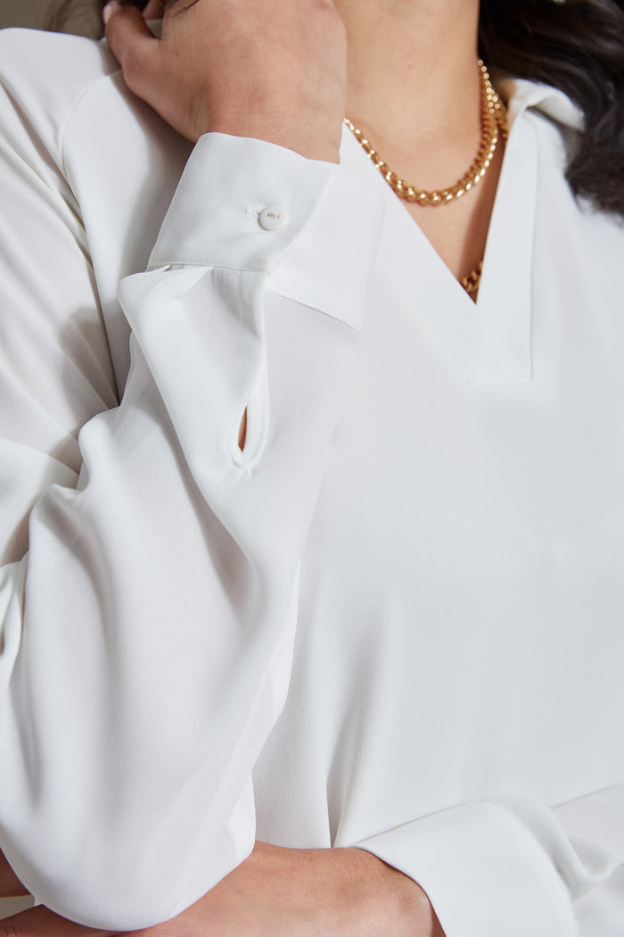 Elie Tahari T-Tahari Split Neck Long Sleeve Shirt WHITE STAR