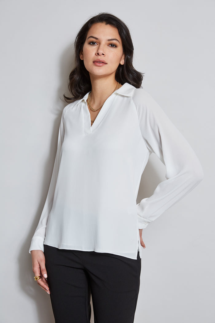 elie tahari T-Tahari Split Neck Long Sleeve Shirt WHITE STAR