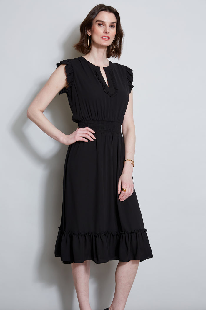 Elie Tahari T-Tahari Split Neck Ruffle Midi Dress BLACK