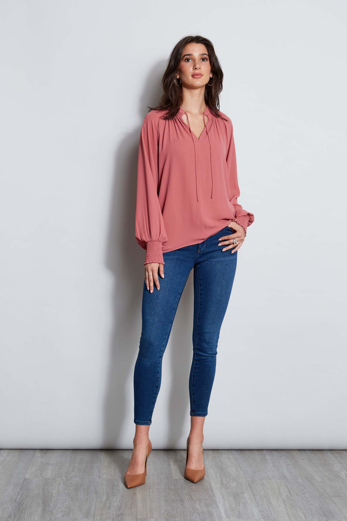 Elie Tahari T-Tahari Split Neck Tie Shirt VELVET ROSE