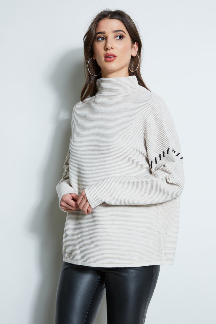 elie tahari T-Tahari Stitched Shoulder Sweater PALE SAND