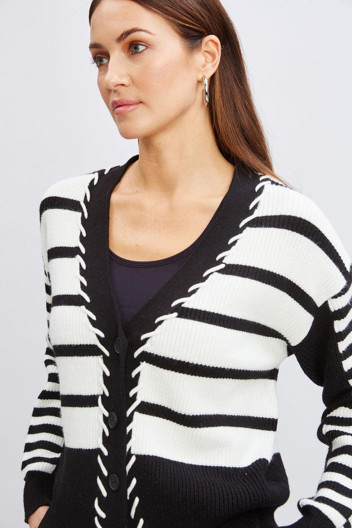 Elie Tahari T-Tahari Stripe Stitch Cardigan BLACK/WHITE STAR