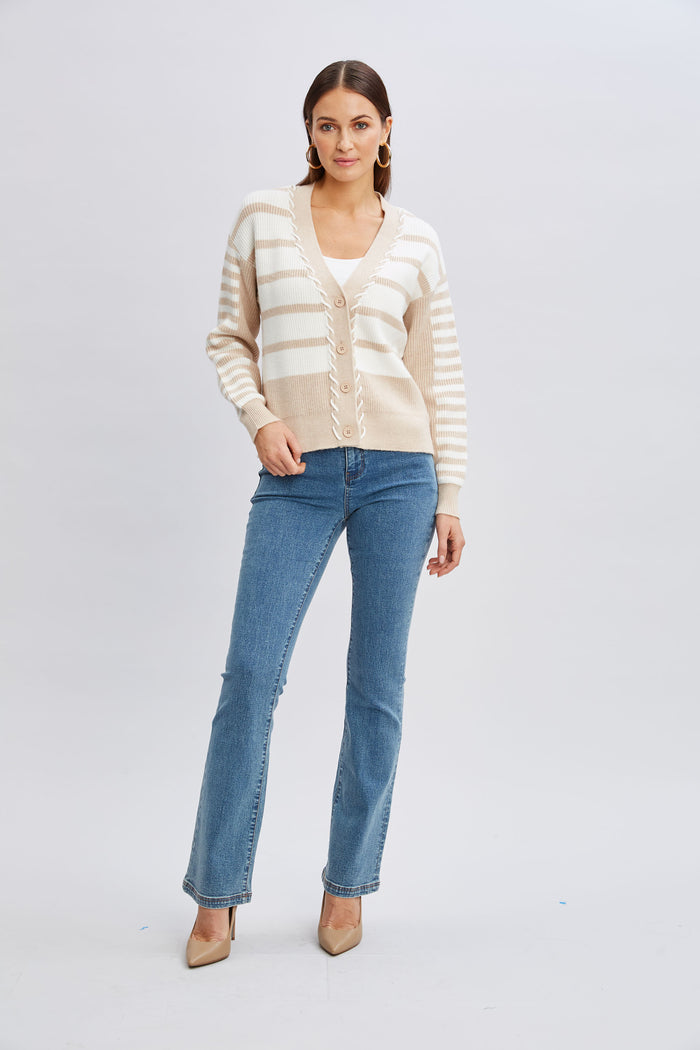 Elie Tahari T-Tahari Stripe Stitch Cardigan SOFT TAN/WHITE STAR