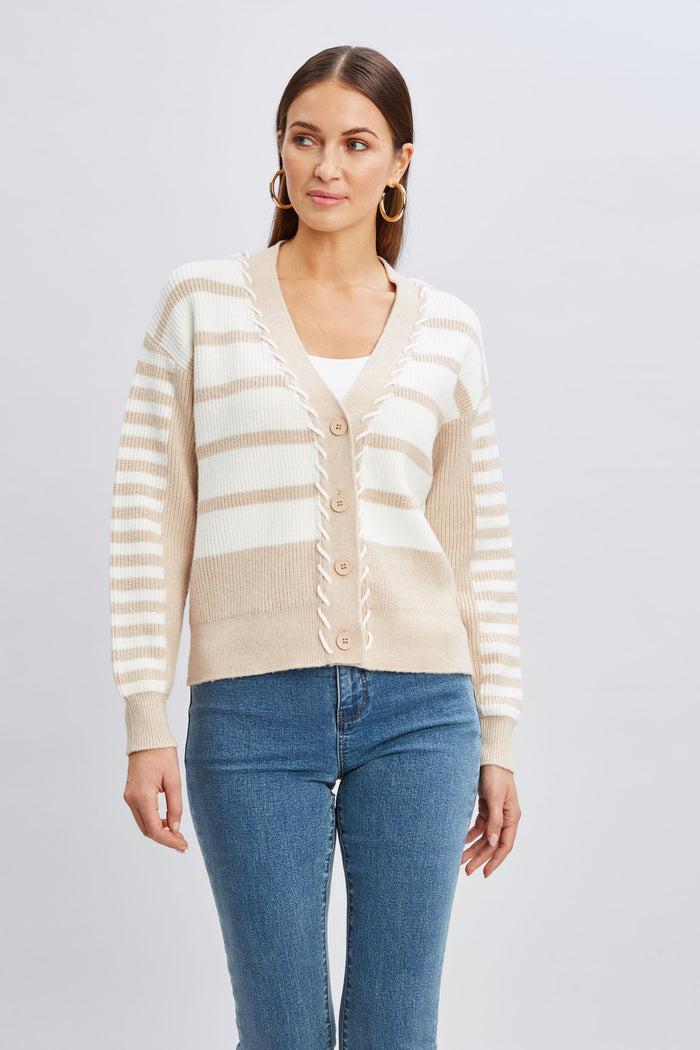 Elie Tahari T-Tahari Stripe Stitch Cardigan SOFT TAN/WHITE STAR