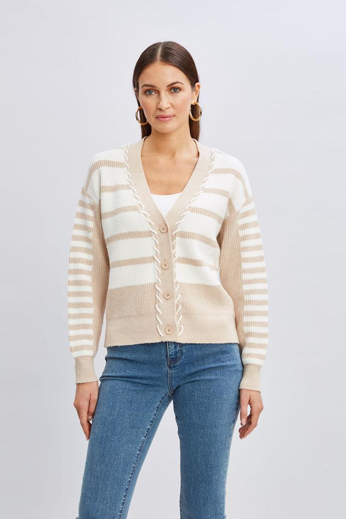 elie tahari T-Tahari Stripe Stitch Cardigan SOFT TAN/WHITE STAR