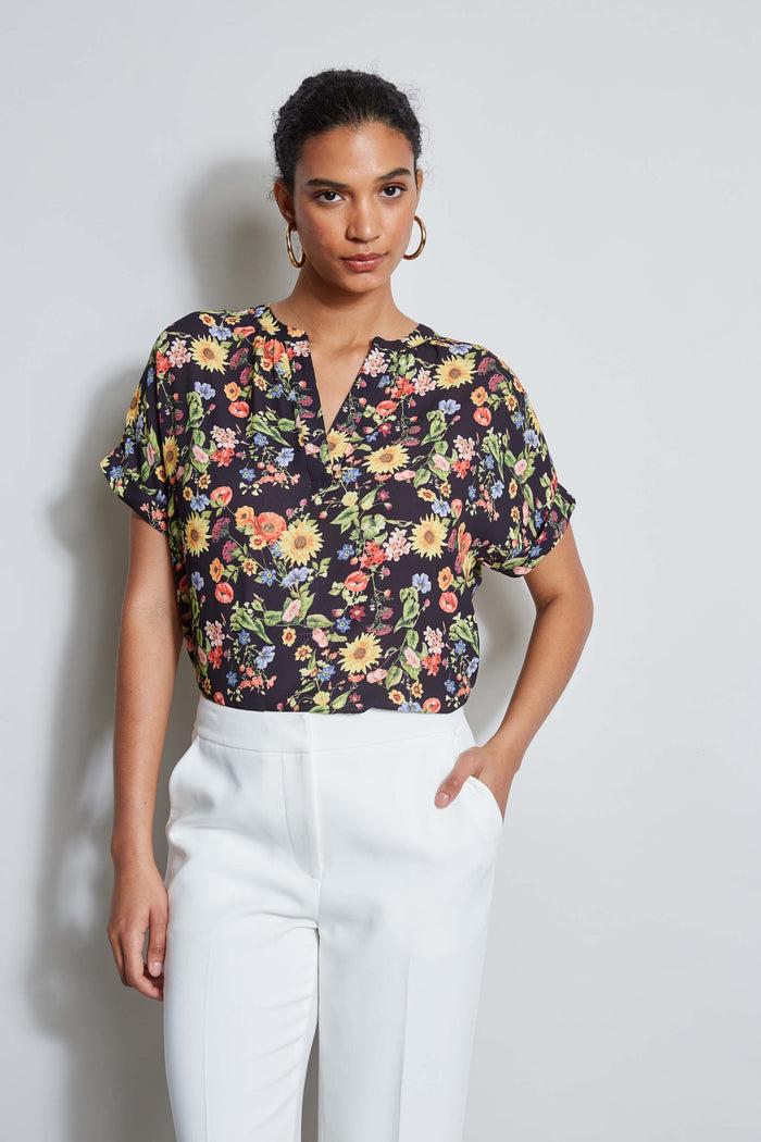 elie tahari T-Tahari Sunray Garden Short Sleeve Shirt SUNRAY GARDEN PRINT (BLACK)