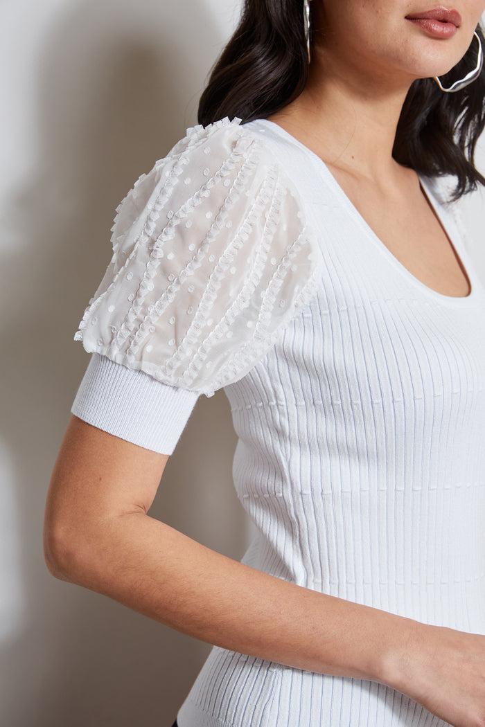 Elie Tahari T Tahari Texture Puff Sleeve Knit WHITE STAR