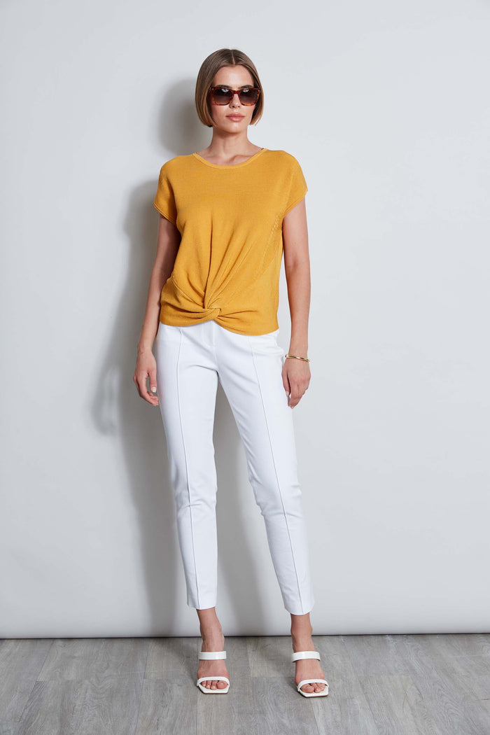 Elie Tahari T-Tahari Twist Knot Short Sleeve Sweater LIGHT SAFFRON