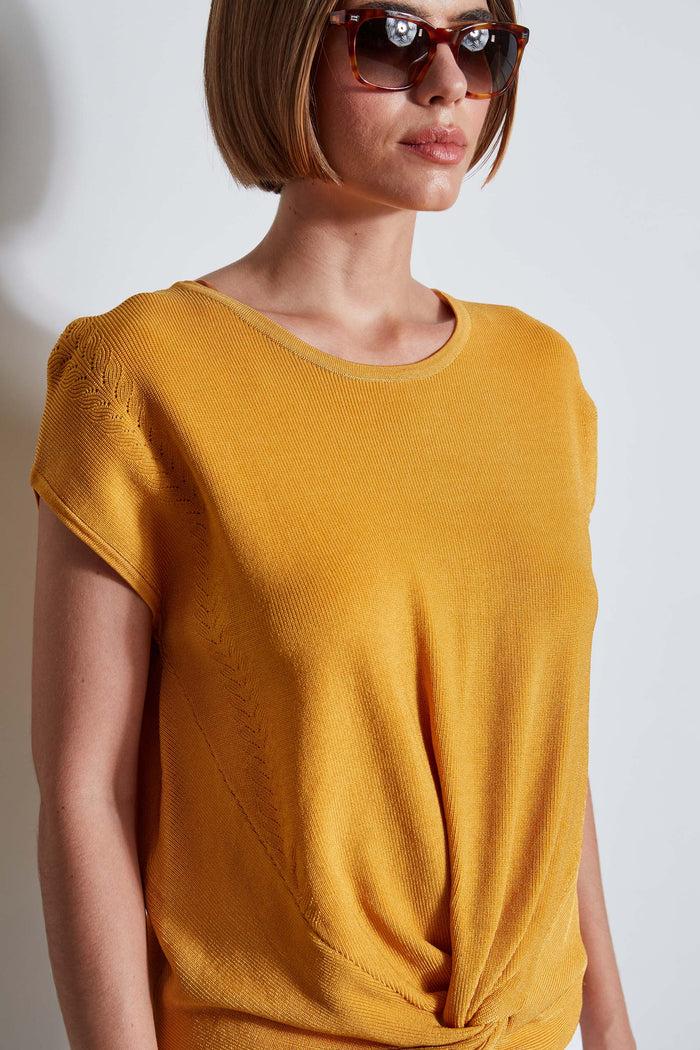 Elie Tahari T-Tahari Twist Knot Short Sleeve Sweater LIGHT SAFFRON