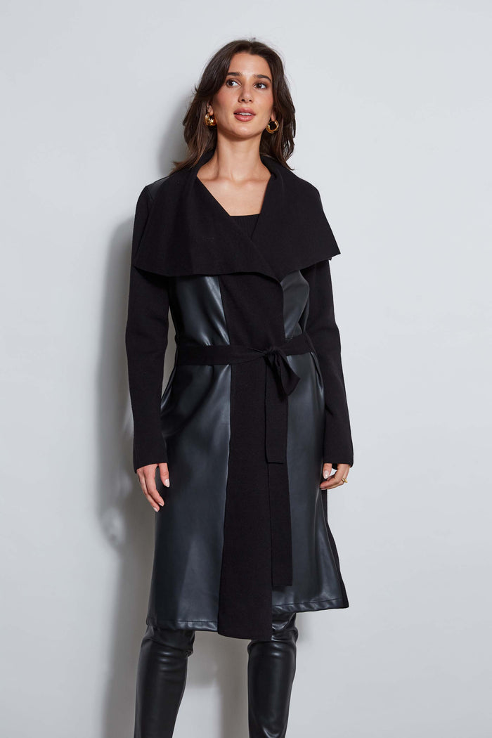 elie tahari T-Tahari Vegan Leather Knit Jacket BLACK