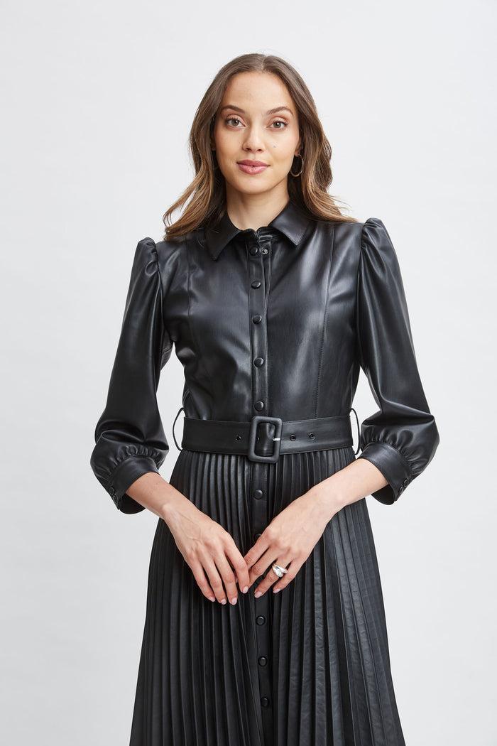 Elie Tahari T-Tahari Vegan Leather Pleated Dress BLACK