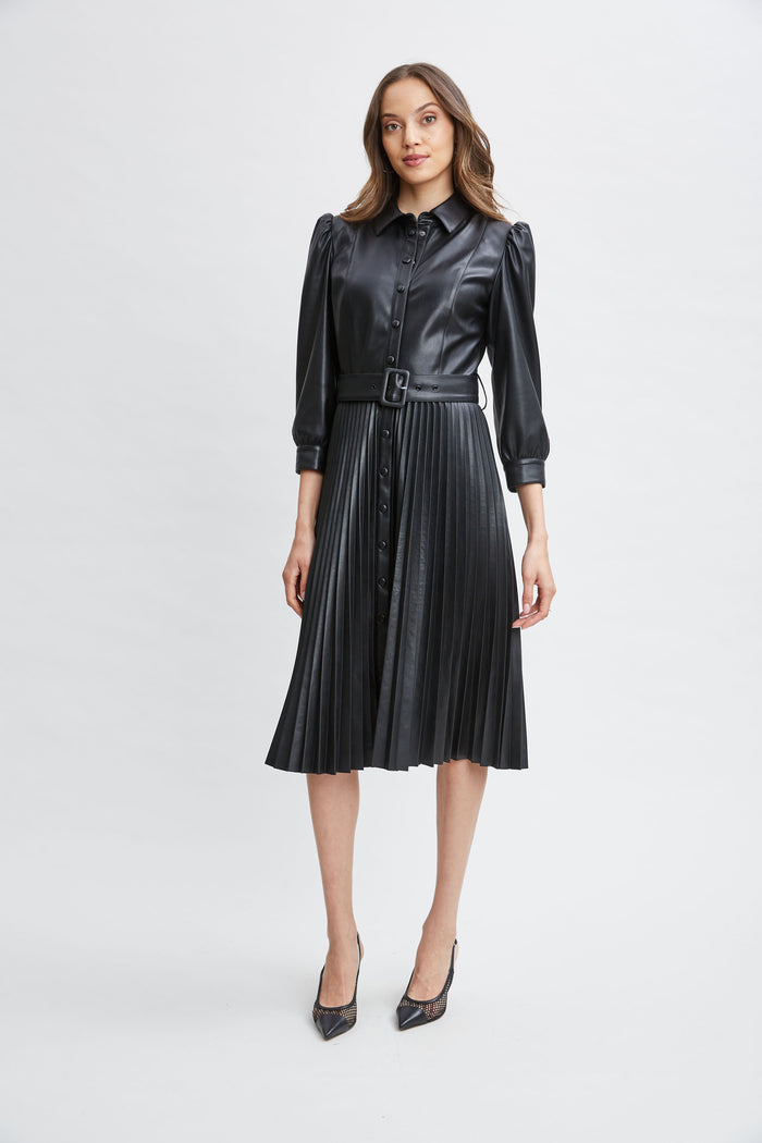 elie tahari T-Tahari Vegan Leather Pleated Dress BLACK