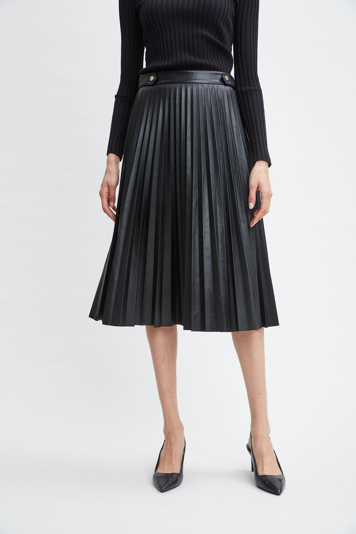 elie tahari T-Tahari Vegan Leather Pleated Midi Skirt BLACK