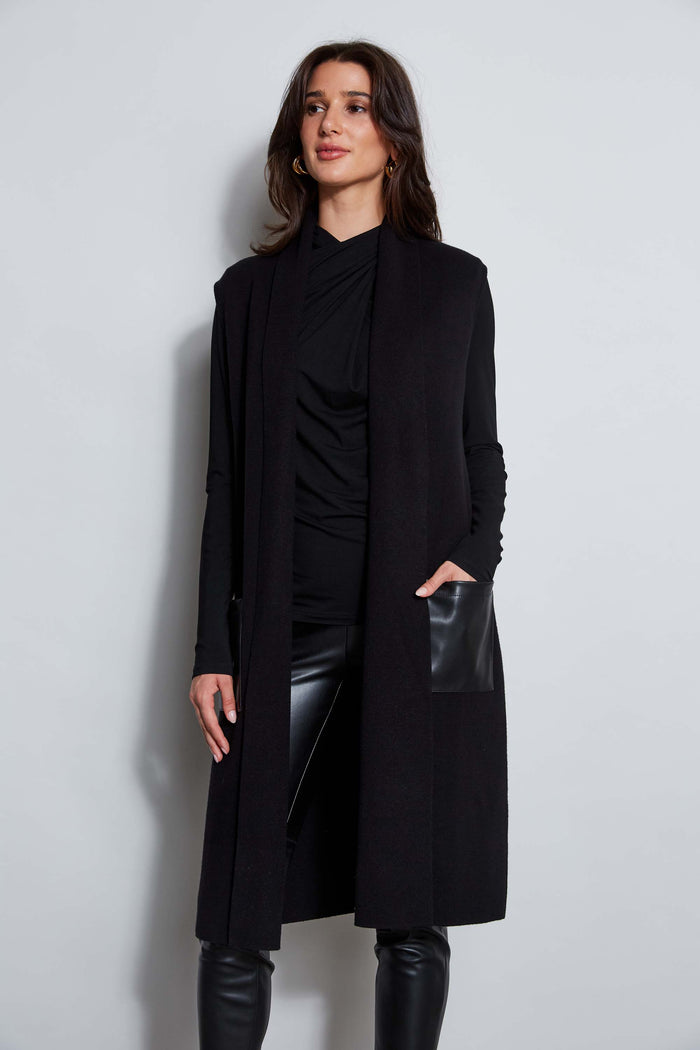 elie tahari T-Tahari Vegan Leather Pocket Vest BLACK