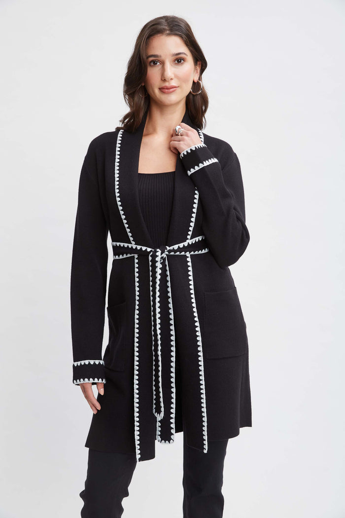 Elie Tahari T-Tahari Whipstitch Belted Cardigan BLACK