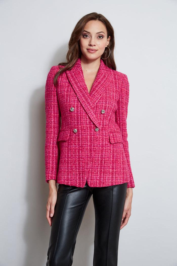 elie tahari Tweed Double Breasted Blazer ELECTRIC PINK