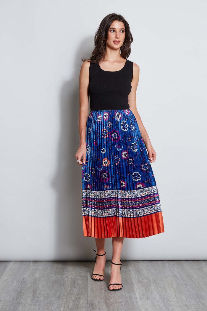 elie tahari Twilight Pleated Dress NOIR AND TAJ PRINT
