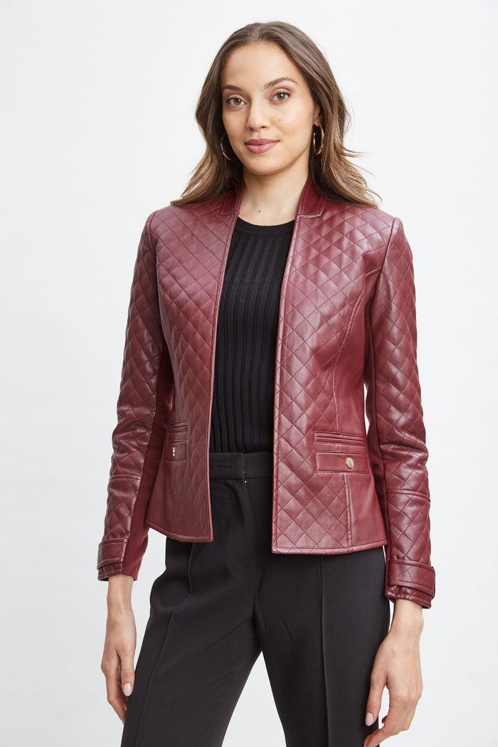 elie tahari Vegan Leather Quilted Jacket BORDEAUX RED