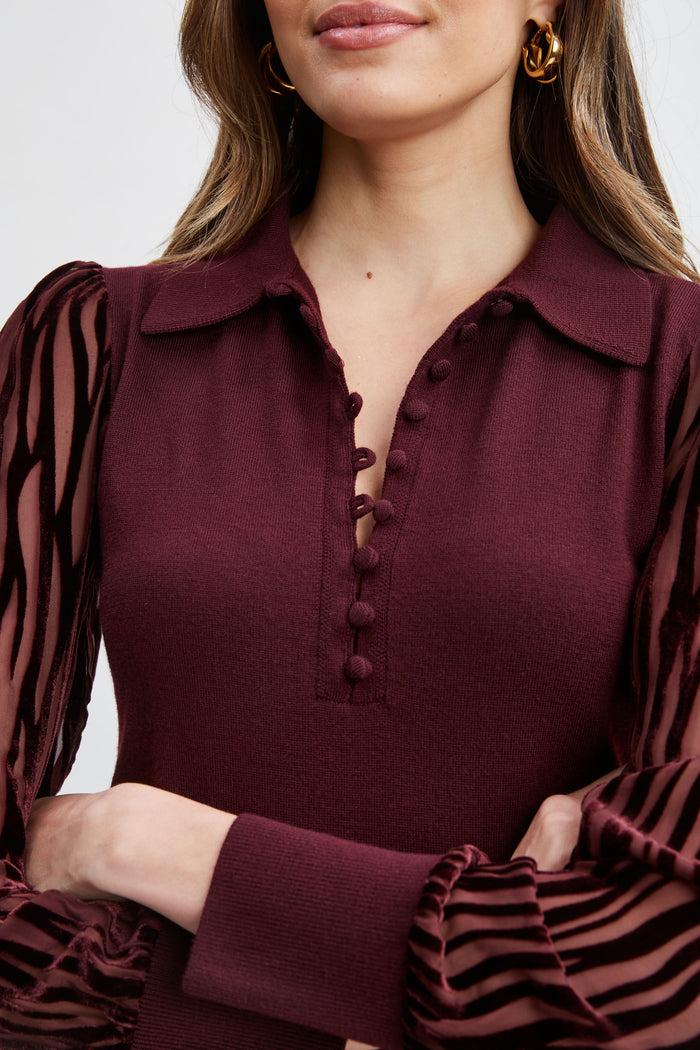 Elie Tahari Velvet Burnout Sleeve Polo Sweater MERLOT