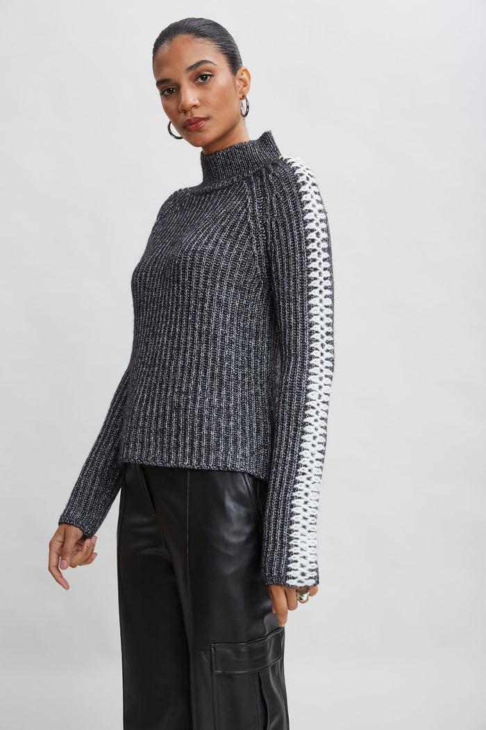 elie tahari Whipstitch Cotton Wool Sweater BLACK MELANGE